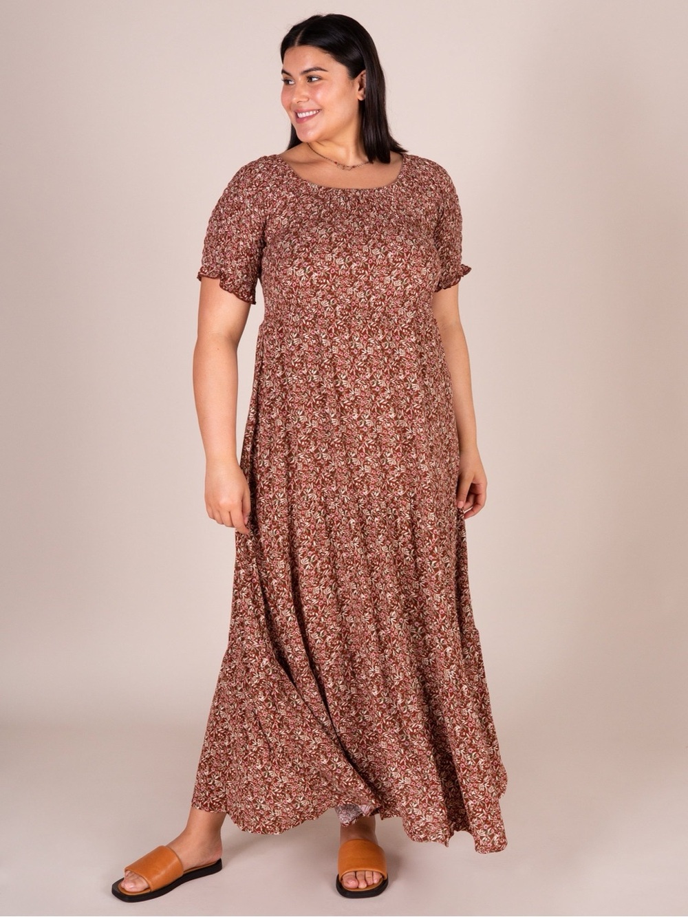 NATURAL LIFE Daisy Rust Floral Short Sleeve Smocked Tiered Cotton Maxi Dress